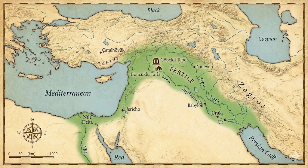 Map showing the location of Göbekli Tepe and Boncuklu Tarla within the ancient Fertile Crescent.