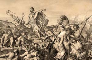 A historical illustration of Roman troops making landfall on the British coast, showing the scale of Caesar's second invasion fleet of reported 800 ships and five legions.