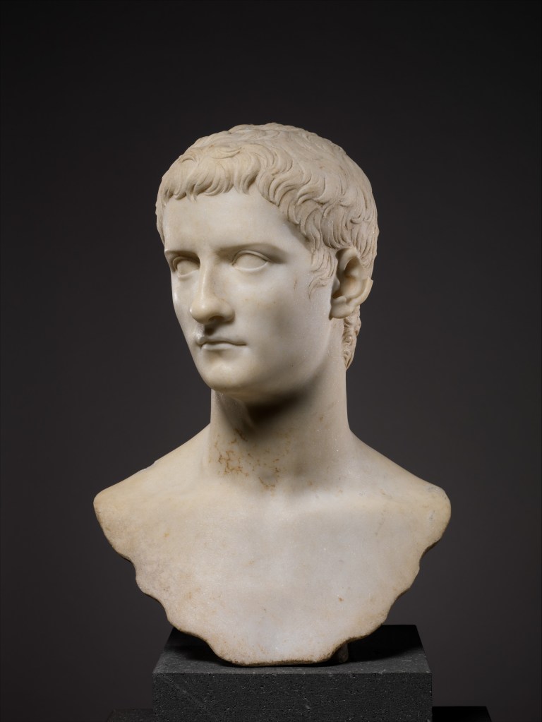 Marble portrait bust of the Emperor Caligula, circa 37–41 CE, Metropolitan Museum of Art. The man who assembled 200,000 soldiers on the coast of Gaul — and ordered them to collect seashells.
